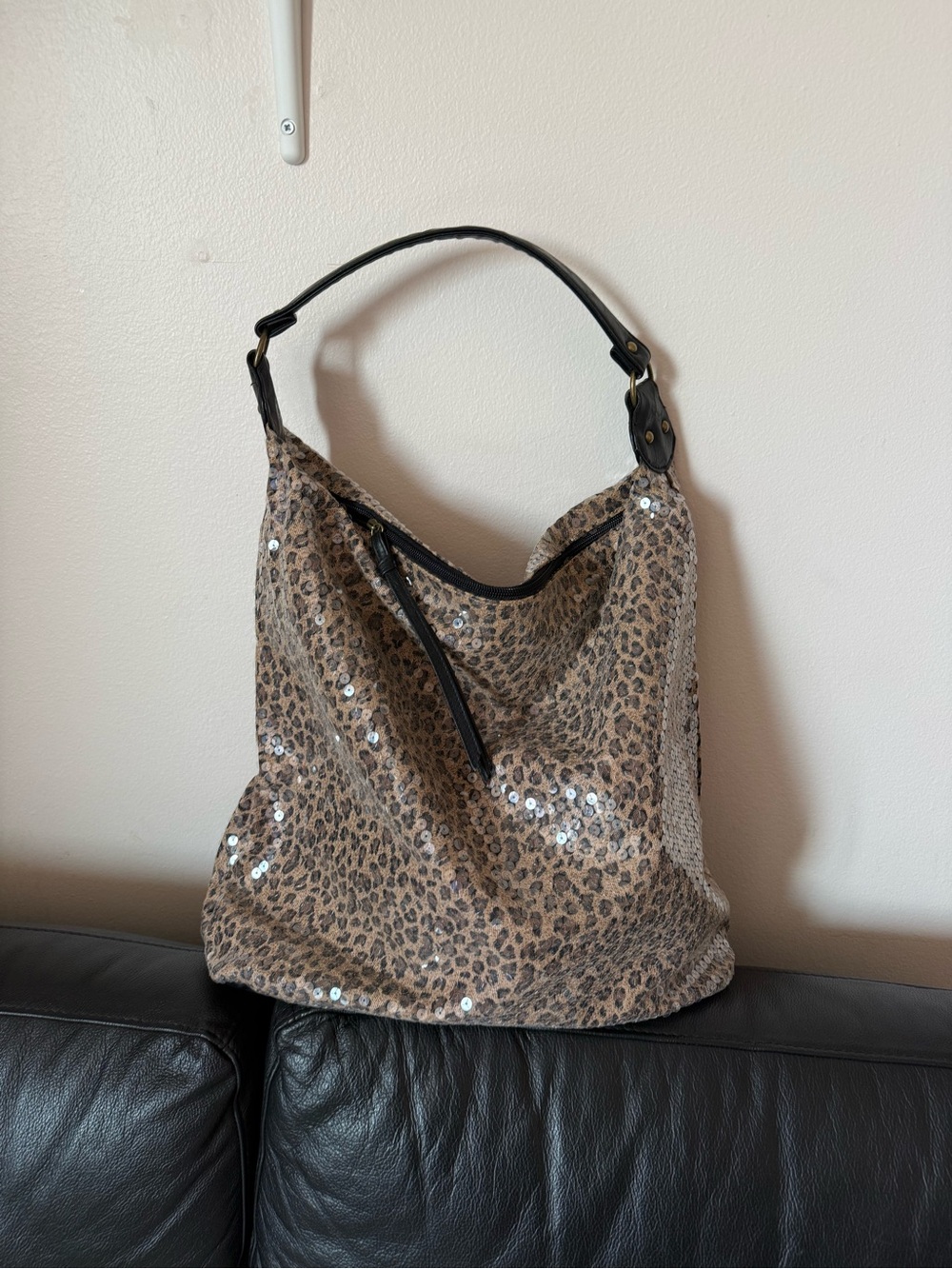 Leopard Sequin Hobo Shoulder Bag - Brown